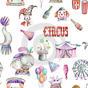 A seamless pattern with the watercolor retro circus elements: air balloons, pop corn, circus tent (marquee), ice cream, circus ani