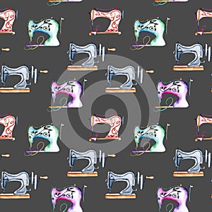 Seamless pattern with watercolor retro sewing machines