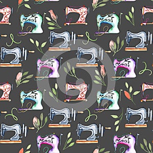 Seamless pattern with watercolor retro sewing machines and floral elements