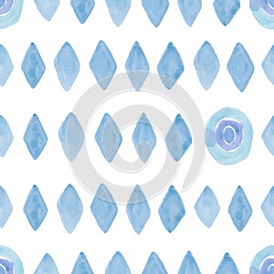 Seamless pattern with watercolor rhombus and rounds in blue color.Modern geometric background on paper texture.Triangulars retro