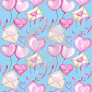 Seamless pattern Watercolor ribbon heart, love letter Greeting card concept. Wedding or Valentine`s Day banner, poster