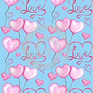 Seamless pattern Watercolor ribbon heart, love letter Greeting card concept. Wedding or Valentine`s Day banner, poster