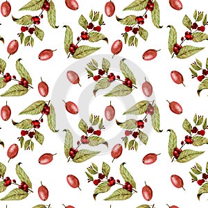 Seamless pattern with watercolor ripening coffee beans on the branches and red coffee beans