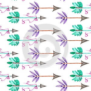 Seamless pattern of watercolor romantic arrows with the mint, green and purple feathers