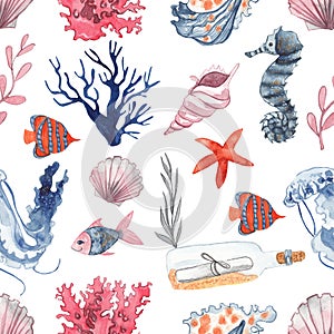 Seamless pattern with watercolor seashells, corals, sea stars, fish, jellyfish