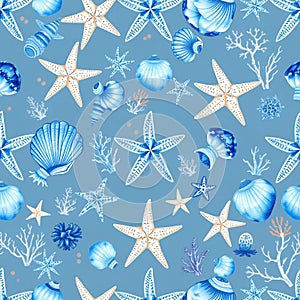 Seamless pattern of watercolor seashells starfish and coral on a blue background