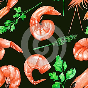 A seamless pattern with the watercolor shrimps and greenery