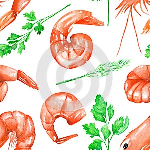 A seamless pattern with the watercolor shrimps and greenery