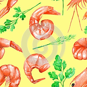 A seamless pattern with the watercolor shrimps and greenery