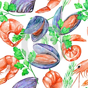 A seamless pattern with the watercolor shrimps, mussels and greenery