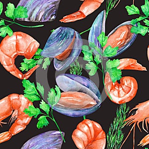 A seamless pattern with the watercolor shrimps, mussels and greenery