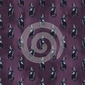 Seamless pattern with watercolor silhouette of black cat with long tail.