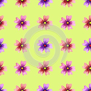 Seamless pattern with watercolor simple flowers. On yellow background