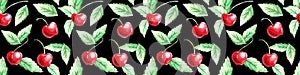 Seamless pattern of watercolor single Cherries on the black background. Hand drawn bright texture, images of berry in sketch style