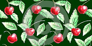 Seamless pattern of watercolor single Cherries on green background. Hand drawn bright texture, images of berry in sketch style