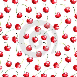 Seamless pattern of watercolor single Cherries on the white background. Hand drawn bright texture, images of berry in sketch style