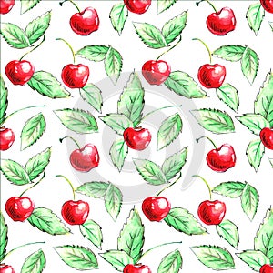 Seamless pattern of watercolor single Cherries on the white background. Hand drawn bright texture, images of berry in sketch style