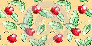 Seamless pattern of watercolor single Cherries on yellow background. Hand drawn bright texture, images of berry in sketch style