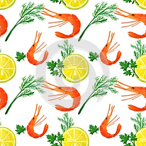 Seamless pattern with watercolor slices of lemon, shrimps, dill and parsley