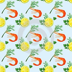 Seamless pattern with watercolor slices of lemon, shrimps, dill and parsley