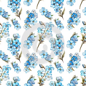 seamless pattern watercolor small blue forget-me-not flowers on white background