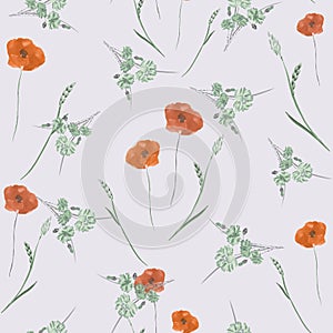 Seamless pattern of watercolor small wild orande flowers and green bouquets on a light violet background.