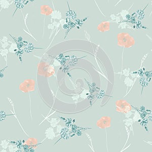 Seamless pattern of watercolor small wild orange flowers and blue bouquets on a light turquoise background