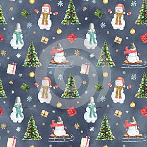 Seamless pattern with watercolor snowman on sleigh, christmas tree, giftes and snowflakes on gray background