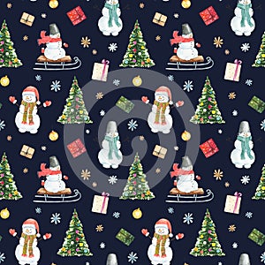 Seamless pattern with watercolor snowman on sleigh, christmas tree, giftes and snowflakes isolated on dark background