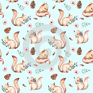 Seamless pattern with watercolor squirrels, fir cones, pink flowers and green branches