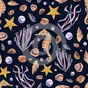 Seamless pattern with watercolor stones, shells, seaweed, sea horse, starfish. Hand drawn illustration isolated on dark blue