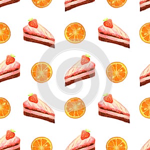 Seamless pattern with watercolor strawberry cakes and slices of orange