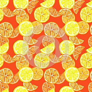 Seamless pattern with watercolor summer lemon fruits . Citrus slice, lemon, orange on warm red background. Tropical fruits