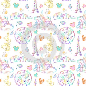 Seamless pattern with watercolor sweets and attractions from the amusement park