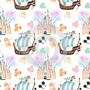 Seamless pattern with watercolor sweets and attractions from the amusement park, attributes of magic kingdom photo