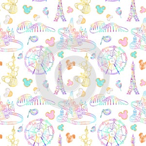 Seamless pattern with watercolor sweets and attractions from the amusement park photo