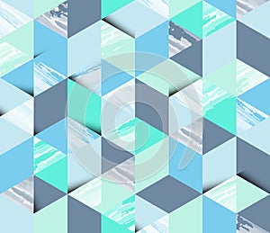 Seamless pattern, watercolor texture in hexagon shapes with shadow, pastel blue and green tones