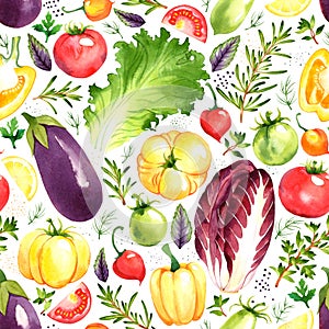 Seamless pattern with watercolor tomatoes, pepper, herbs, lettuce, eggplant