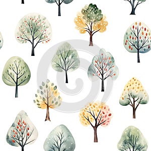 Seamless pattern with watercolor trees in nordic style isolated on white background
