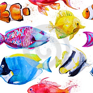 Seamless pattern with watercolor tropical fish
