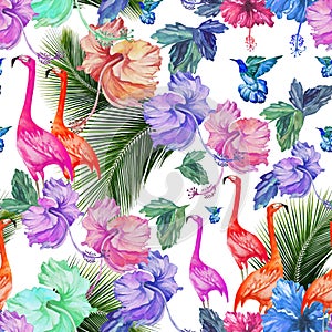 Seamless pattern watercolor tropical flowers, palm tree and birds.