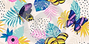 Seamless pattern with watercolor tropical leaves,flowers and hand drawn butterflies. Floral background for the design of