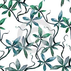 Seamless pattern with watercolor tropical leaves and plants