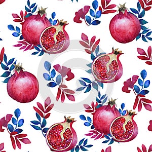 Seamless pattern. Watercolor tropical leaves and red ripe pomegranate. Summer theme. For paper, cover, fabric, gift wrapping, wall