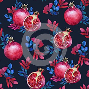 Seamless pattern. Watercolor tropical leaves and red ripe pomegranate. Summer theme. For paper, cover, fabric, gift wrapping, wall