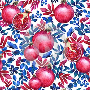 Seamless pattern. Watercolor tropical leaves and red ripe pomegranate. Summer theme