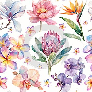 Seamless pattern. Watercolor tropical orchid flower on white background. ai illustration.