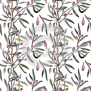 seamless pattern watercolor. Twig ,leaves , berries and drupes