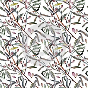 seamless pattern watercolor. Twig ,leaves , berries and drupes