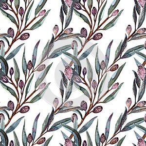 seamless pattern watercolor. Twig ,leaves , berries and drupes